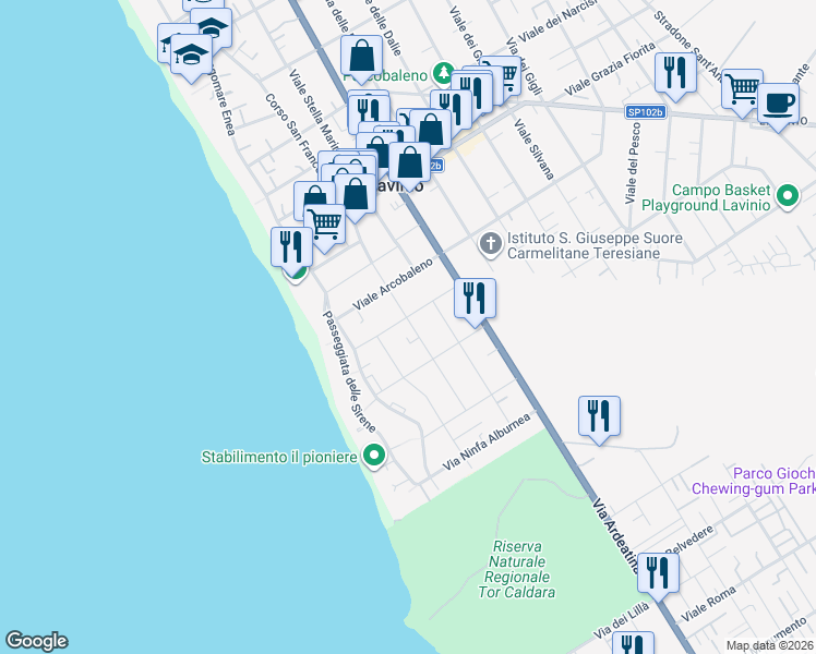 map of restaurants, bars, coffee shops, grocery stores, and more near 21 Viale del Sole in Anzio