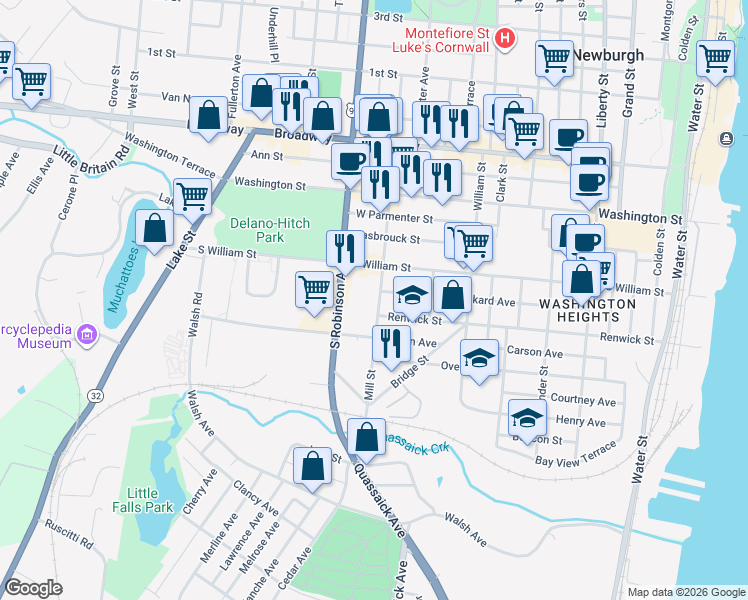 map of restaurants, bars, coffee shops, grocery stores, and more near 110 Mill Street in Newburgh