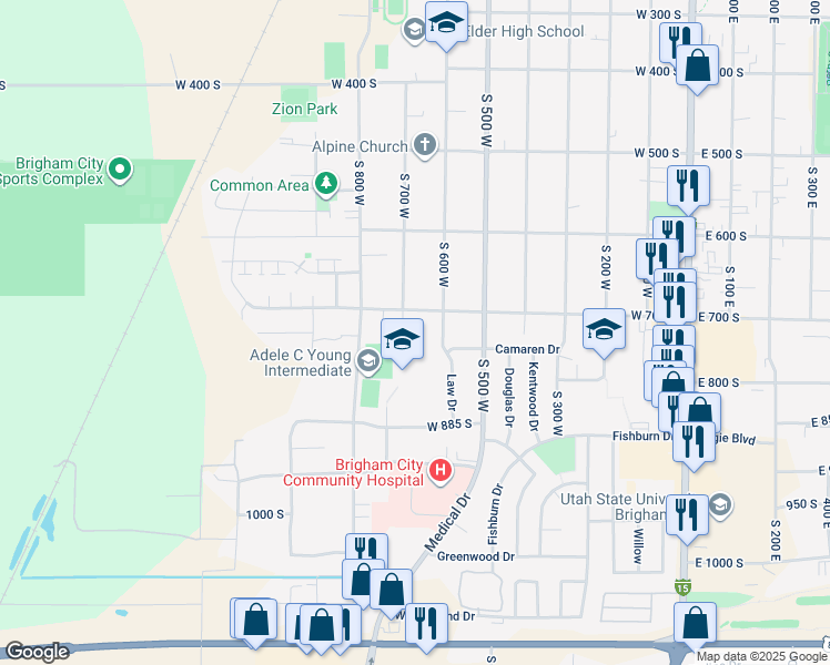 map of restaurants, bars, coffee shops, grocery stores, and more near 623 West 700 South in Brigham City