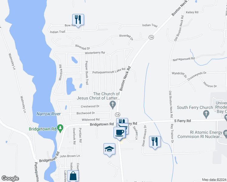 map of restaurants, bars, coffee shops, grocery stores, and more near 3 Meadowrue Trail in Narragansett