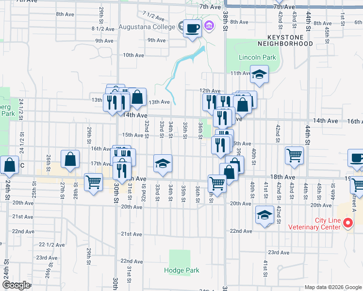 map of restaurants, bars, coffee shops, grocery stores, and more near 1521 34th Street in Rock Island