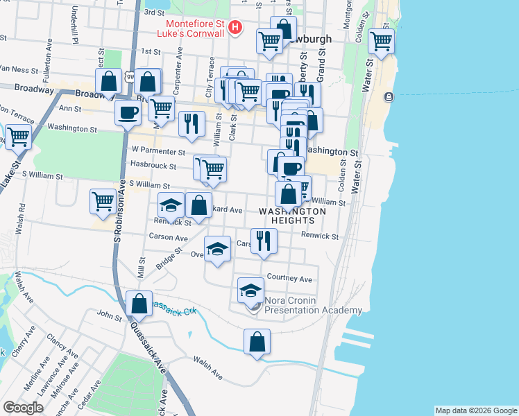 map of restaurants, bars, coffee shops, grocery stores, and more near 35 South Lander Street in Newburgh