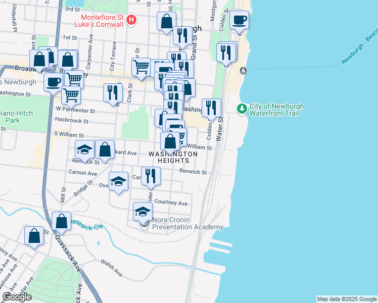 map of restaurants, bars, coffee shops, grocery stores, and more near 42 Johnes Street in Newburgh