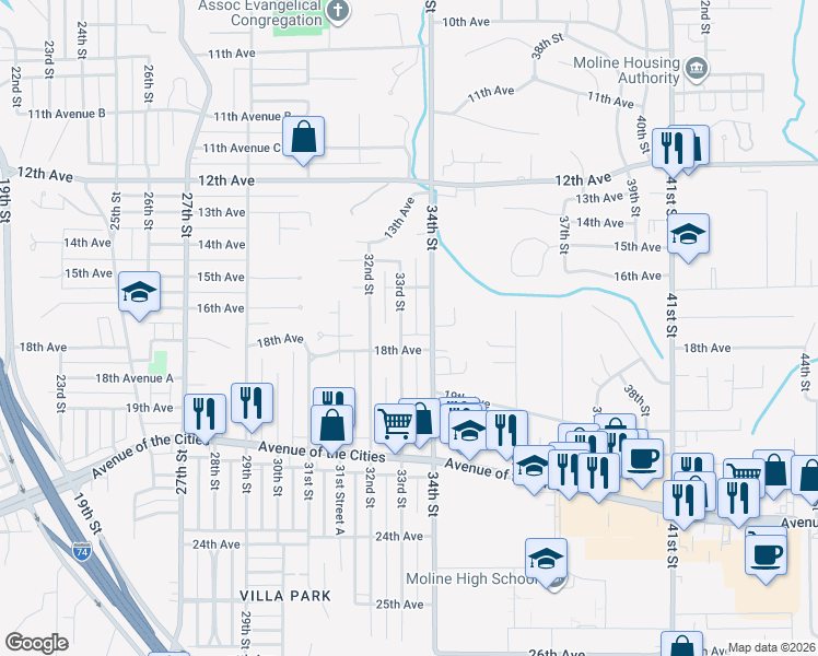 map of restaurants, bars, coffee shops, grocery stores, and more near 1624 33rd St in Moline