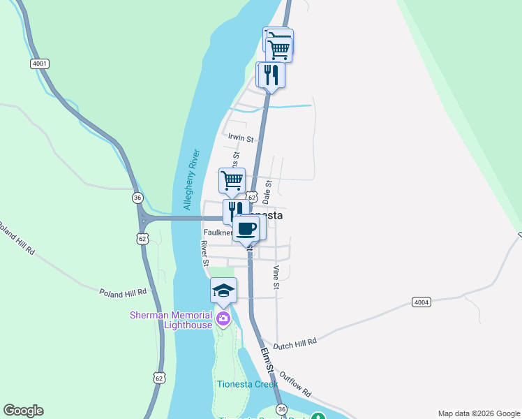 map of restaurants, bars, coffee shops, grocery stores, and more near 304 May Street in Tionesta