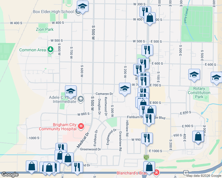 map of restaurants, bars, coffee shops, grocery stores, and more near 317 West 700 South in Brigham City