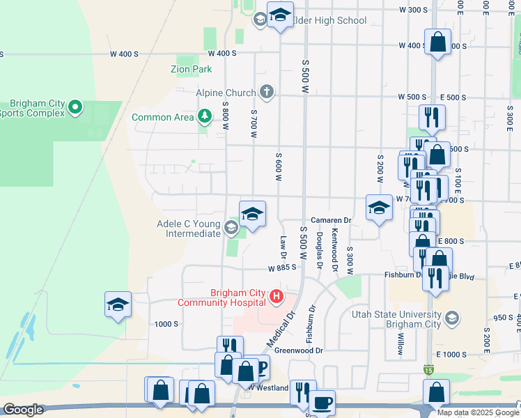 map of restaurants, bars, coffee shops, grocery stores, and more near 623 West 700 South in Brigham City