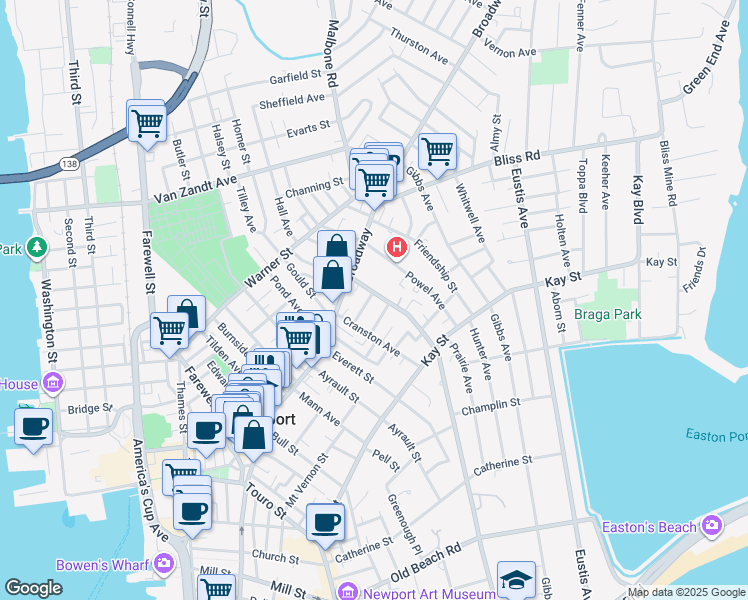 map of restaurants, bars, coffee shops, grocery stores, and more near 14 Rhode Island Avenue in Newport