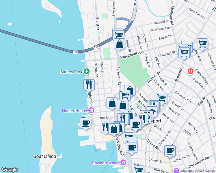 map of restaurants, bars, coffee shops, grocery stores, and more near 55 3rd Street in Newport