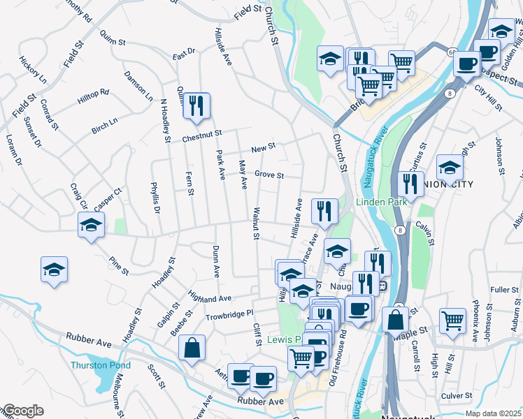 map of restaurants, bars, coffee shops, grocery stores, and more near 38 Woodlawn Avenue in Naugatuck