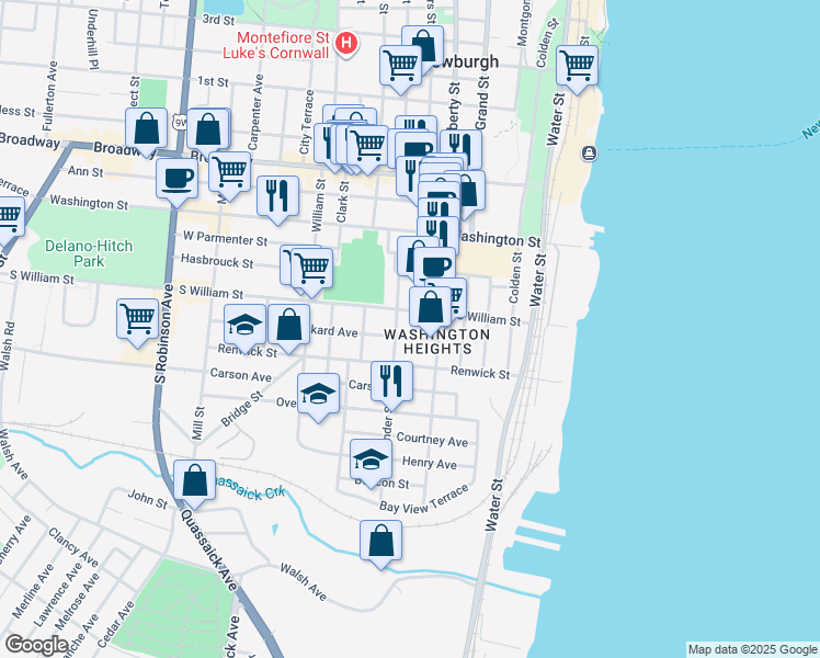 map of restaurants, bars, coffee shops, grocery stores, and more near 35 South Lander Street in Newburgh