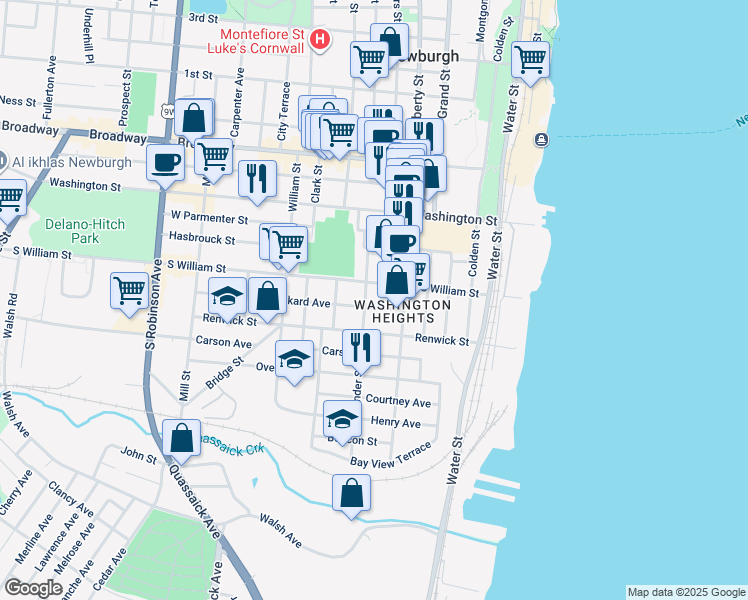 map of restaurants, bars, coffee shops, grocery stores, and more near 35 South Lander Street in Newburgh