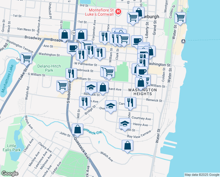 map of restaurants, bars, coffee shops, grocery stores, and more near 101 William Street in Newburgh
