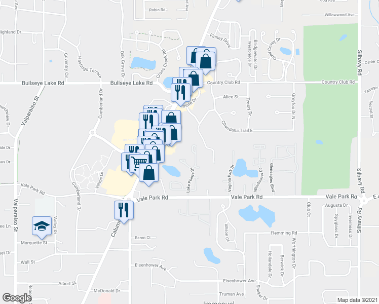 map of restaurants, bars, coffee shops, grocery stores, and more near 3019 Columbine Circle in Valparaiso