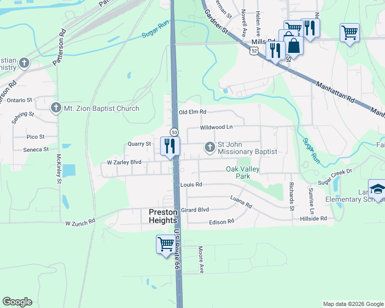 map of restaurants, bars, coffee shops, grocery stores, and more near 100 Red Bud Drive in Joliet