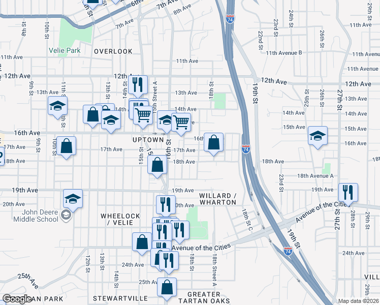 map of restaurants, bars, coffee shops, grocery stores, and more near 1713 17th Avenue in Moline