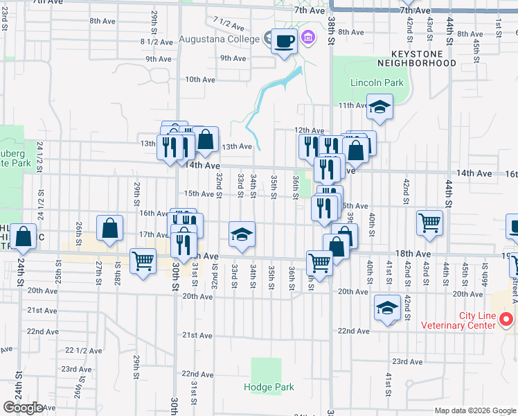 map of restaurants, bars, coffee shops, grocery stores, and more near 1521 34th Street in Rock Island