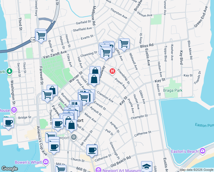 map of restaurants, bars, coffee shops, grocery stores, and more near 15 Rhode Island Avenue in Newport
