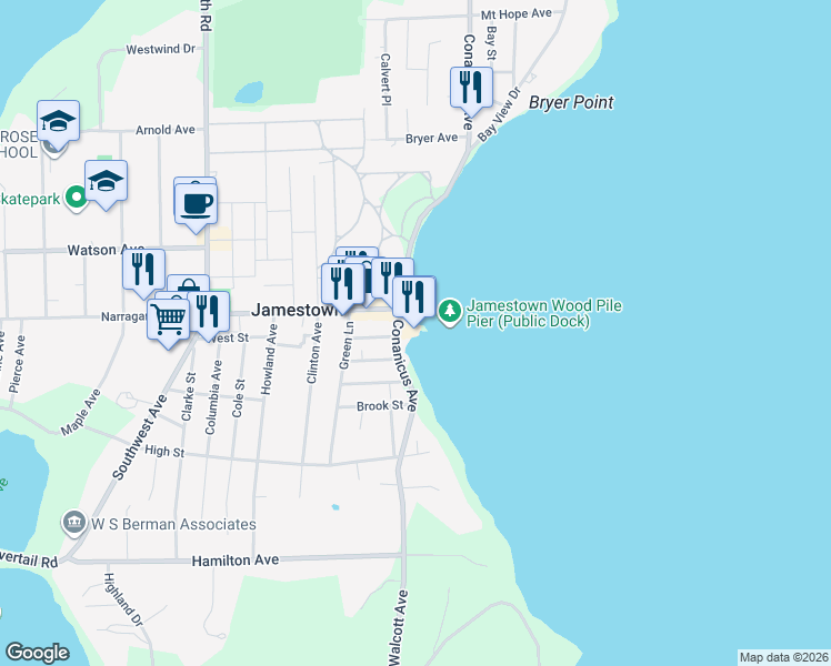 map of restaurants, bars, coffee shops, grocery stores, and more near 9 Ferry Street in Jamestown
