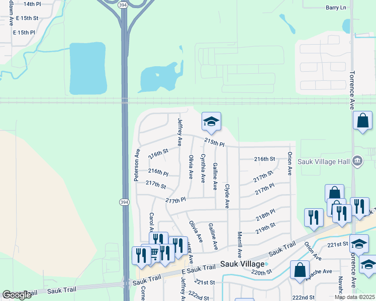 map of restaurants, bars, coffee shops, grocery stores, and more near 21600 Olivia Avenue in Sauk Village