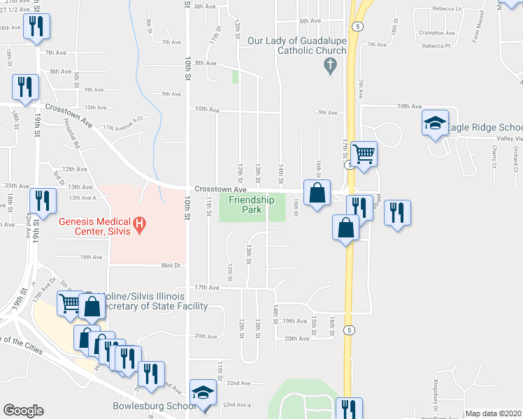 map of restaurants, bars, coffee shops, grocery stores, and more near 1408 14th Street in Silvis