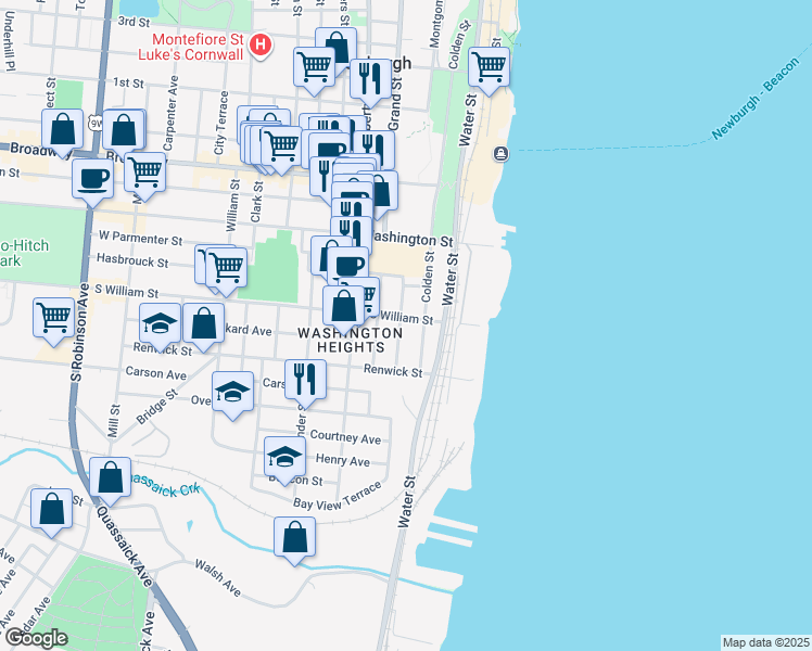 map of restaurants, bars, coffee shops, grocery stores, and more near 1 Lafayette Street in Newburgh