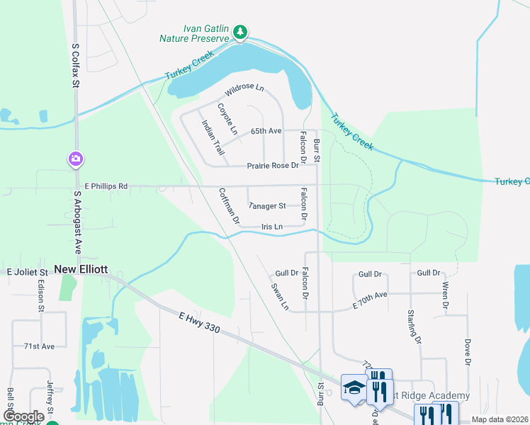 map of restaurants, bars, coffee shops, grocery stores, and more near 5800 Tanager Street in Schererville