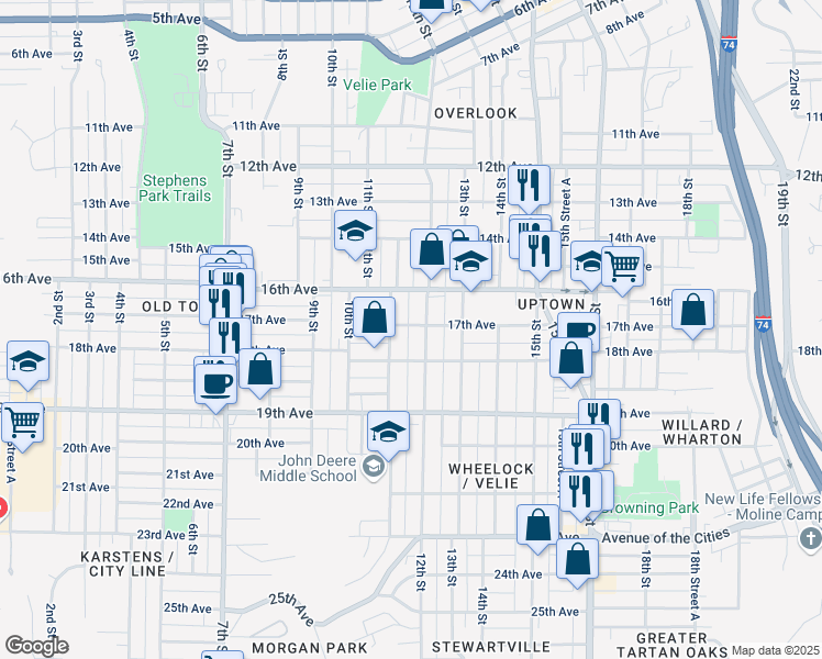 map of restaurants, bars, coffee shops, grocery stores, and more near 1118 17th Avenue in Moline