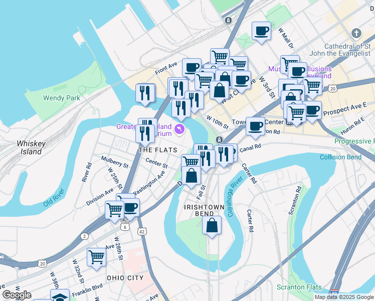 map of restaurants, bars, coffee shops, grocery stores, and more near 1250 Riverbed Street in Cleveland