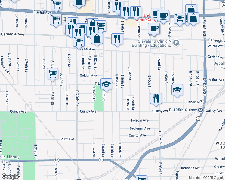 map of restaurants, bars, coffee shops, grocery stores, and more near 2305 East 84th Street in Cleveland