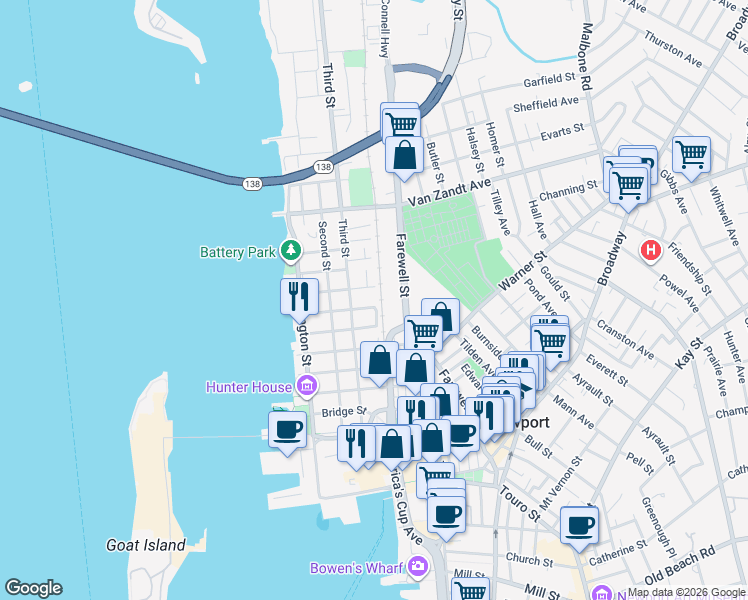 map of restaurants, bars, coffee shops, grocery stores, and more near 2 Cherry Street in Newport
