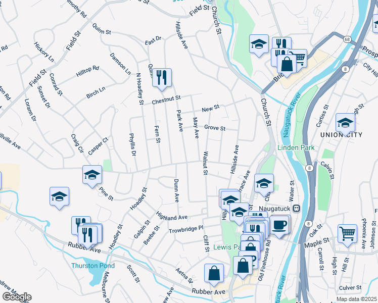map of restaurants, bars, coffee shops, grocery stores, and more near 138 Park Avenue in Naugatuck