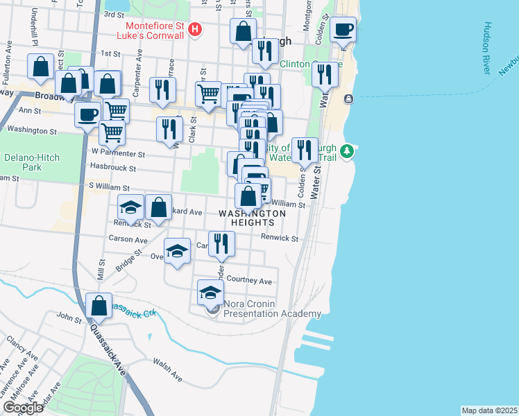 map of restaurants, bars, coffee shops, grocery stores, and more near 96 South William Street in Newburgh