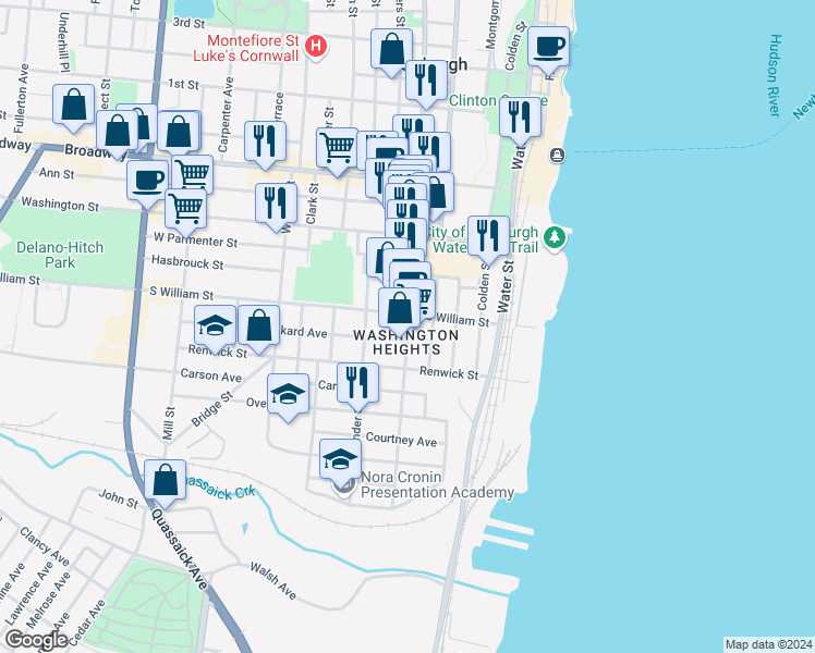 map of restaurants, bars, coffee shops, grocery stores, and more near 96 South William Street in Newburgh