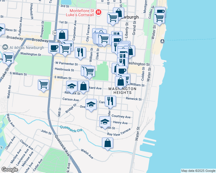 map of restaurants, bars, coffee shops, grocery stores, and more near 35 South Lander Street in Newburgh