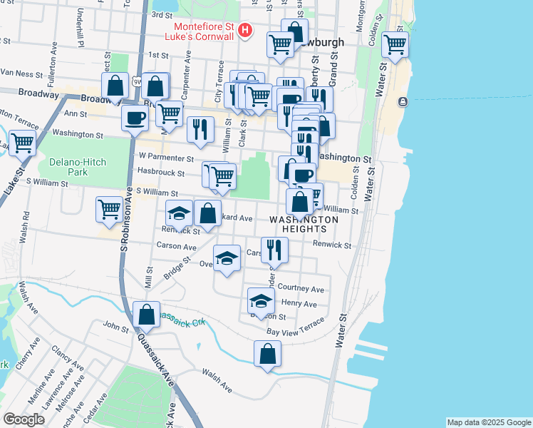 map of restaurants, bars, coffee shops, grocery stores, and more near 35 South Lander Street in Newburgh