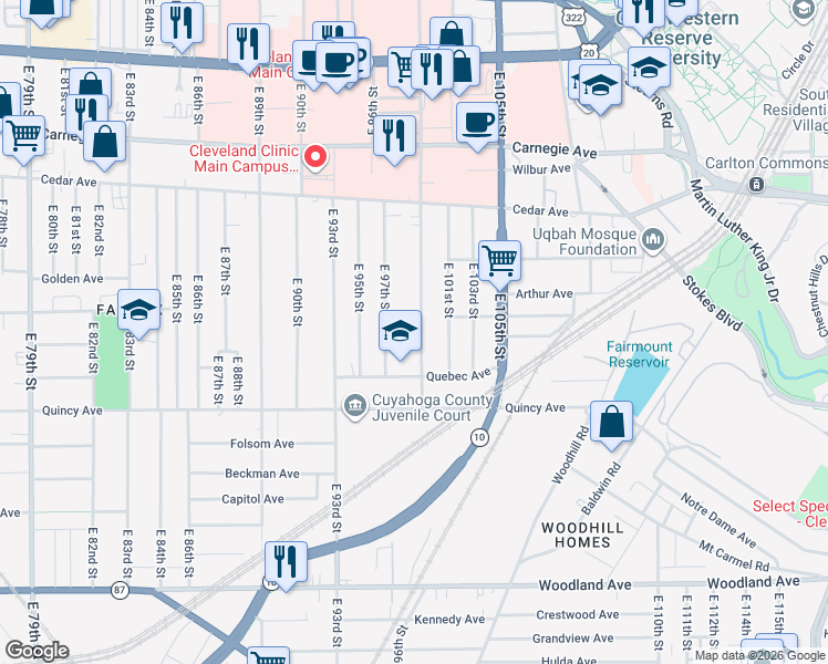 map of restaurants, bars, coffee shops, grocery stores, and more near 2283 East 100th Street in Cleveland