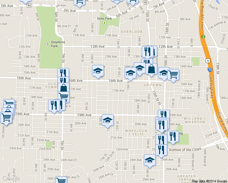 map of restaurants, bars, coffee shops, grocery stores, and more near 1117 17th Avenue in Moline