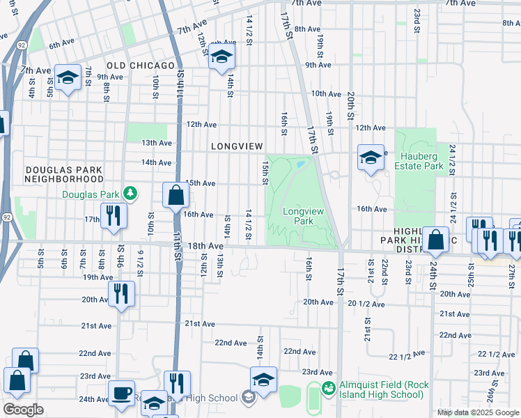 map of restaurants, bars, coffee shops, grocery stores, and more near 1526 15th Street in Rock Island
