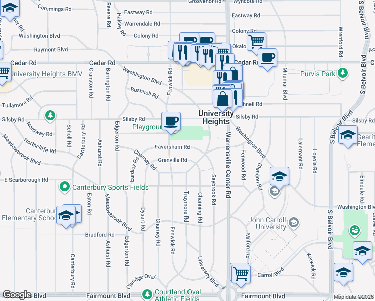 map of restaurants, bars, coffee shops, grocery stores, and more near 3889 Faversham Road in University Heights