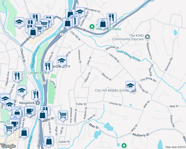 map of restaurants, bars, coffee shops, grocery stores, and more near 188 Auburn Street in Naugatuck