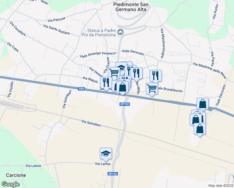 map of restaurants, bars, coffee shops, grocery stores, and more near Via Casilina in Frosinone