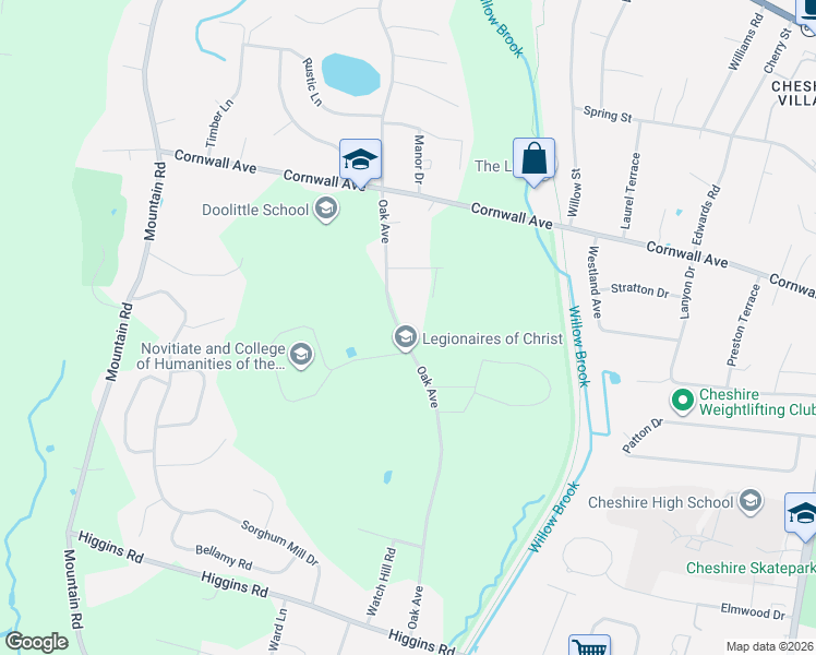 map of restaurants, bars, coffee shops, grocery stores, and more near 444 Oak Avenue in Cheshire