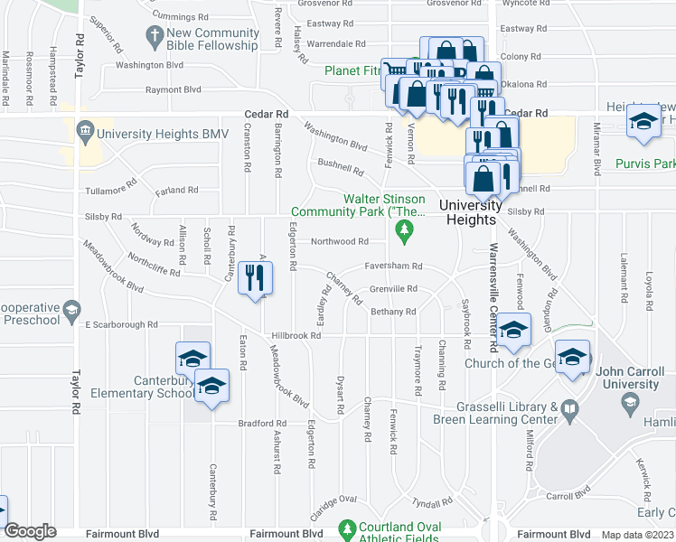 map of restaurants, bars, coffee shops, grocery stores, and more near 3813 Faversham Road in University Heights