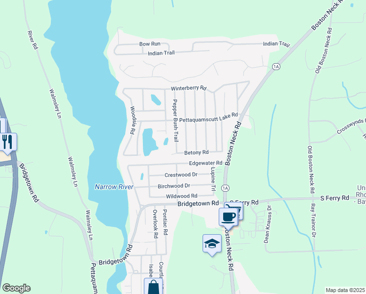 map of restaurants, bars, coffee shops, grocery stores, and more near 6 Wood Sorrel Trail in Narragansett