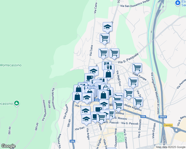 map of restaurants, bars, coffee shops, grocery stores, and more near 29 Via del Foro in Cassino