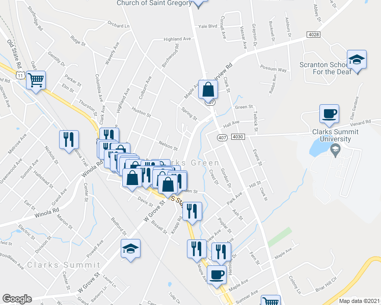 map of restaurants, bars, coffee shops, grocery stores, and more near 236 East Grove Street in Clarks Summit