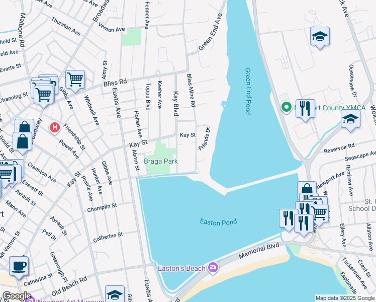 map of restaurants, bars, coffee shops, grocery stores, and more near 95 Bliss Mine Road in Newport
