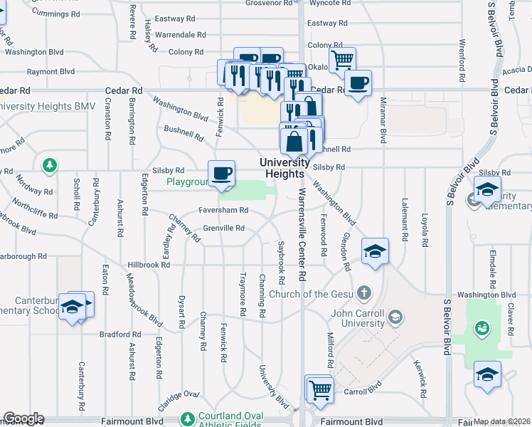 map of restaurants, bars, coffee shops, grocery stores, and more near 3921 Faversham Road in University Heights