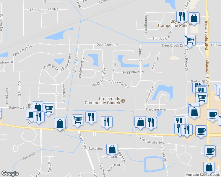 map of restaurants, bars, coffee shops, grocery stores, and more near 1330 Lily Court in Schererville